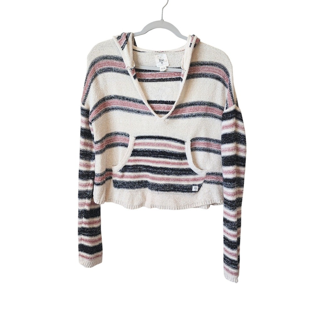 Billabong Womens Striped Cropped Knit Hoodie‎ Cream Coastal Beachy Boho Size S